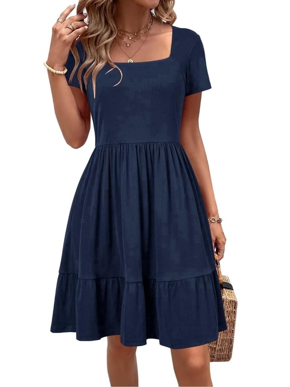 Women’s Dress Square Neck Sundress Short Sleeve Formal Ruffle Flowy Business Casual Midi Dress with Pockets 2026 Spring