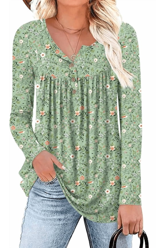 Boho Tops For Women Long Sleeve Shirts Dressy Casual Blouses With Printed Pleated Button Tunic Tops for Going Out, 2026 Fall Trendy