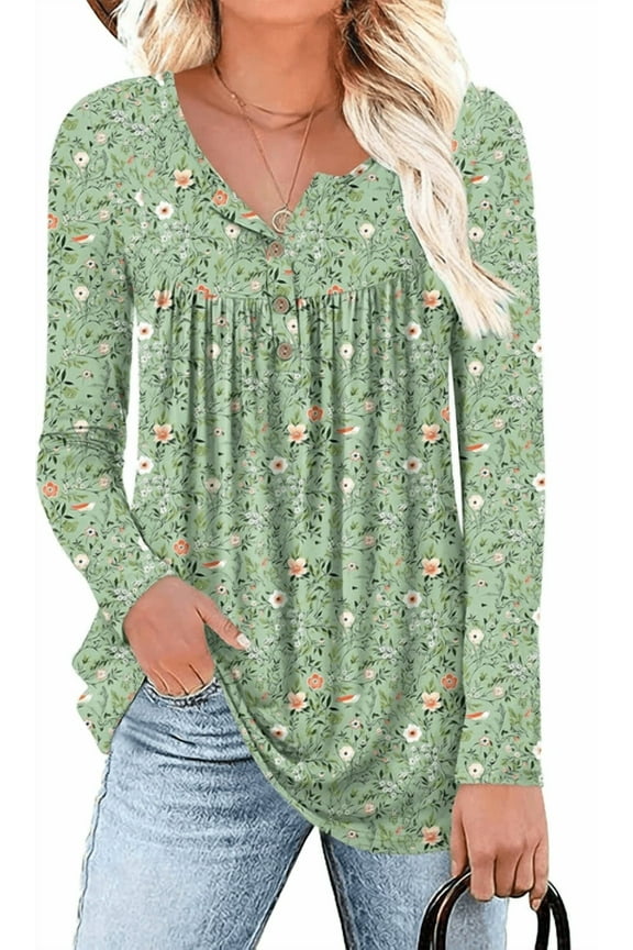 Boho Tops For Women Long Sleeve Shirts Dressy Casual Blouses With Printed Pleated Button Tunic Tops for Going Out, 2025 Fall Trendy