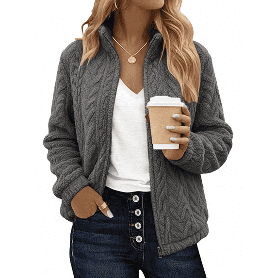 SOMER Fleece Jacket Women Fall Coats Sherpa Jacket Women Long Sleeve with Pockets Dark Gray Zip up Soft Warm, 2025 Winter