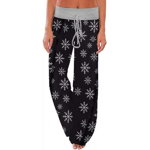 SOMER Christmas Pajama Pants for Women Snowflake Print Drawstring Waist Loose Wide Leg Casual Lounge Bottoms