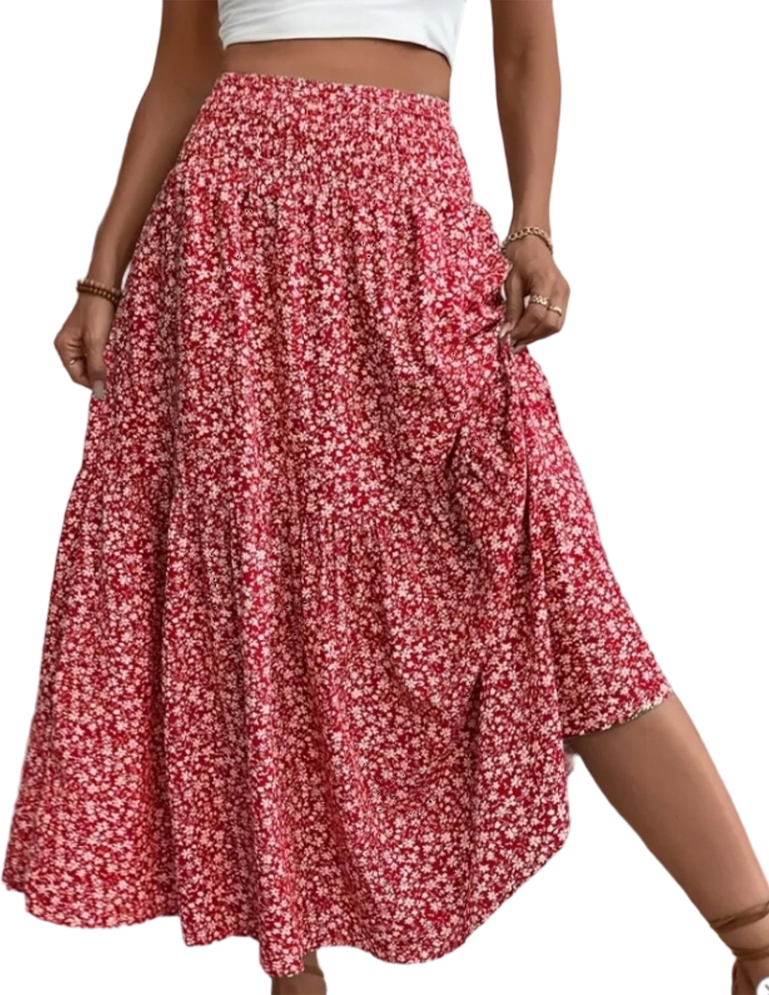 SOMER Skirts For Women Floral Smocked High Waist Midi Skirt A Line 
