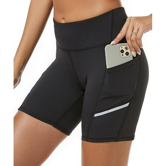 SOMER Gym Shorts Women Biker Shorts Athletic High Waisted with Pockets and Reflective Design, Black Comfy 2025
