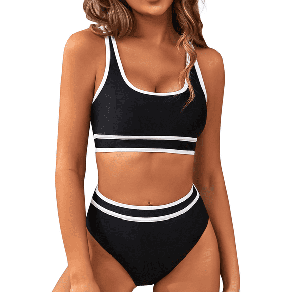 SOMER Women's High Waisted Bikini Sets Sporty Two Piece Swimsuits Color Block Cheeky High Cut Bathing Suits Black XL