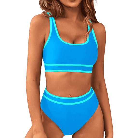 SOMER Women's Bikini Sets Two Piece Swimsuits High Waisted Color Block Sporty Bathing Suits Blue