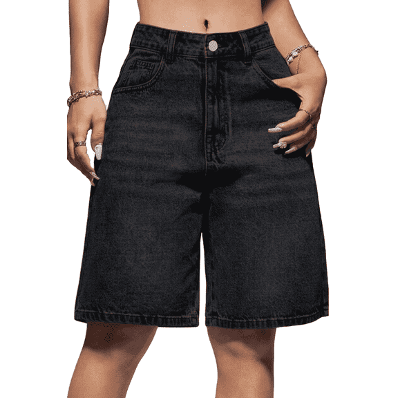 SOMER Women's Jean Shorts Y2K Mid-Low Waist Baggy Jorts Denim Shorts Jean Shorts Summer Streetwear Black XL