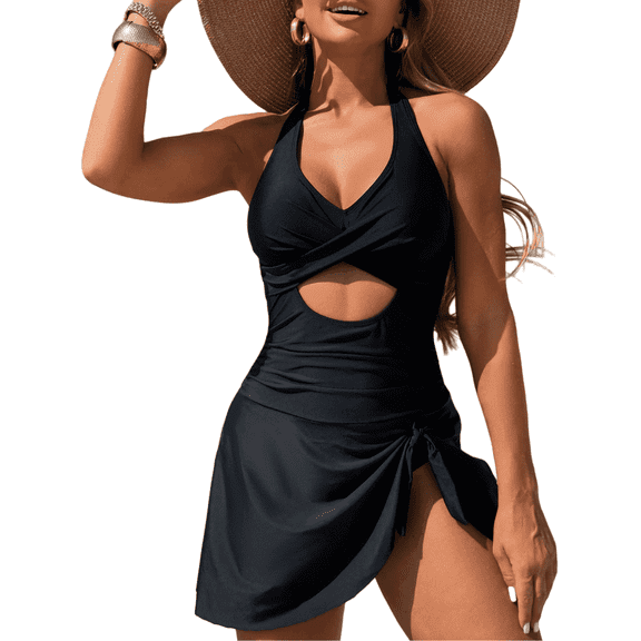 SOMER Women's One Piece Swimsuit Tummy Control Bathing Suits Push Up Swimdress Cutout V Neck Skirt Swimwear