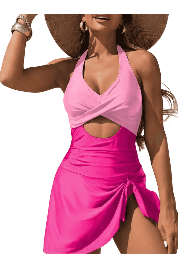 Women's One Piece Swimsuit Tummy Control Bathing Suits Push Up Swimdress Cutout V Neck Skirt Swimwear