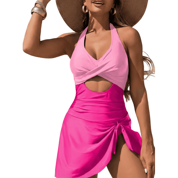 SOMER Women's One Piece Swimsuit Tummy Control Bathing Suits Push Up Swimdress Cutout V Neck Skirt Swimwear