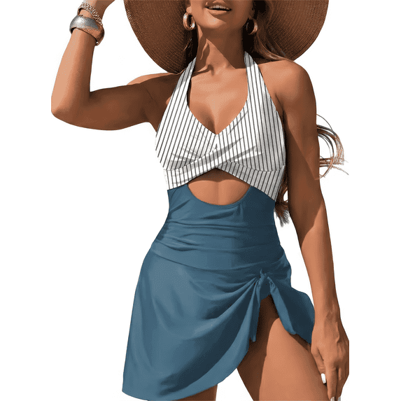 SOMER Women's One Piece Swimsuit Tummy Control Bathing Suits Push Up Swimdress Cutout V Neck Skirt Swimwear