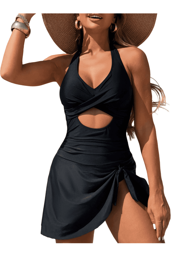 Women's One Piece Swimsuit Tummy Control Bathing Suits Push Up Swimdress Cutout V Neck Skirt Swimwear