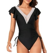 SOMER Women's One Piece Swimsuit Tummy Control Bathing Suits Ruffle Sleeves Slimming Swimwear