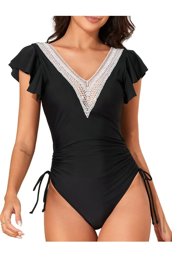Women's One Piece Swimsuit Tummy Control Bathing Suits Ruffle Sleeves Slimming Swimwear