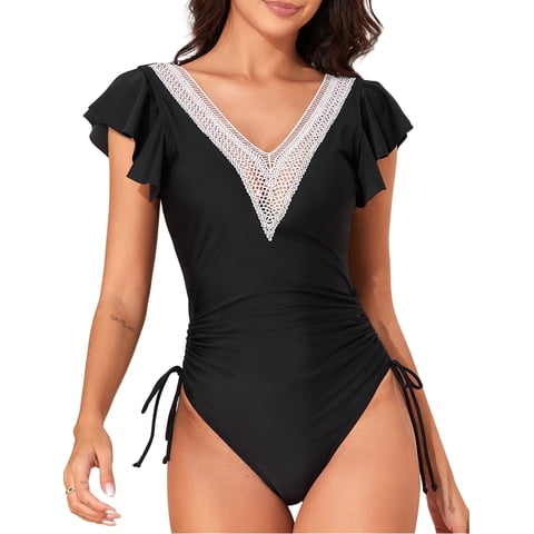 Women's One Piece Swimsuit Tummy Control Bathing Suits Ruffle Sleeves Slimming Swimwear