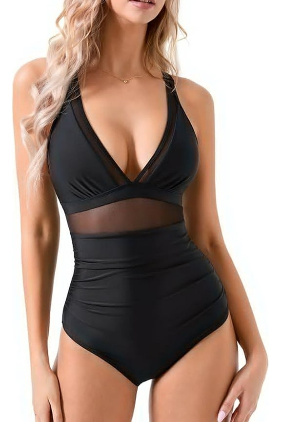 Women's One Piece Swimsuit Tummy Control Bathing Suits V Neck Sexy Sheer Swimwear