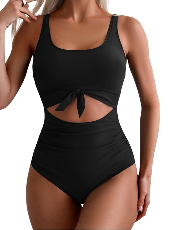 Women’s One Piece Swimsuit Tummy Control Cutout Tie Knot Swimwear High Waisted Bathing Suit Black 2XL