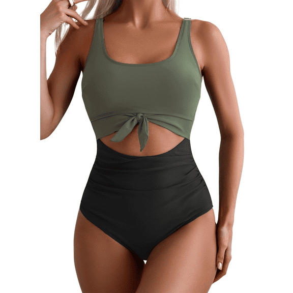 SOMER Women’s One Piece Swimsuit Tummy Control Cutout Tie Knot Swimwear High Waisted Bathing Suit