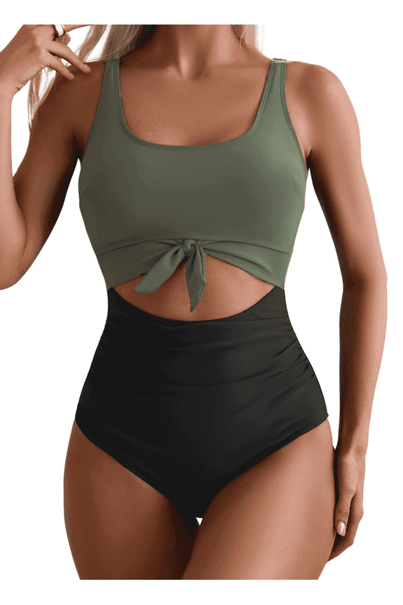 Women’s One Piece Swimsuit Tummy Control Cutout Tie Knot Swimwear High Waisted Bathing Suit