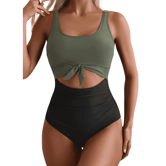 SOMER Women’s One Piece Swimsuit Tummy Control Cutout Tie Knot Swimwear High Waisted Bathing Suit