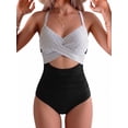 thumbnail image 1 of SOMER Women's One Piece Swimsuits Tummy Control Cutout High Waisted Bathing Suit Wrap Tie Back 1 Piece Swimsuit White Striped+Black S, 1 of 8