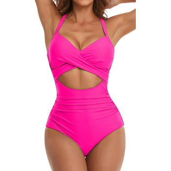 SOMER Women's One Piece Swimsuits Tummy Control Cutout High Waisted Bathing Suit Wrap Tie Back 1 Piece Swimsuit for Women