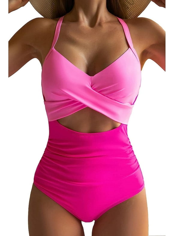 Women's One Piece Swimsuits Tummy Control Cutout High Waisted Bathing Suit Wrap Tie Back 1 Piece Swimsuit
