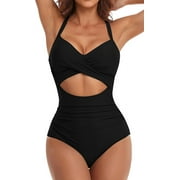 SOMER Women's One Piece Swimsuits Tummy Control Cutout High Waisted Bathing Suit Wrap Tie Back 1 Piece Swimsuit