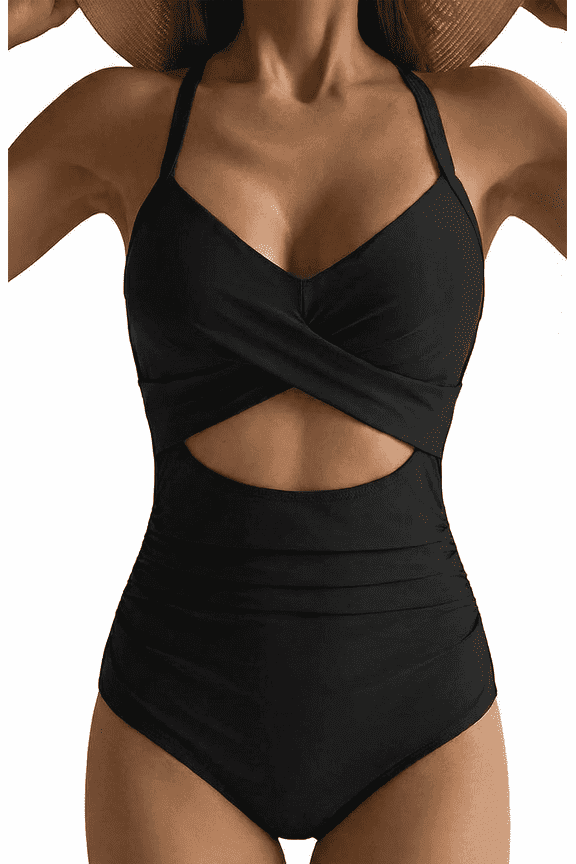 Women's One Piece Swimsuits Tummy Control Cutout High Waisted Bathing Suit Wrap Tie Back 1 Piece Swimsuit