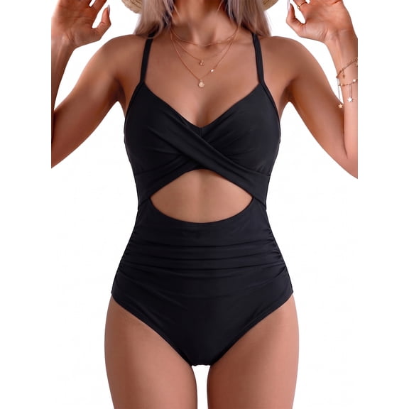 SOMER Women's One Piece Swimsuits Tummy Control Cutout High Waisted Bathing Suit Wrap Tie Back 1 Piece Swimsuit