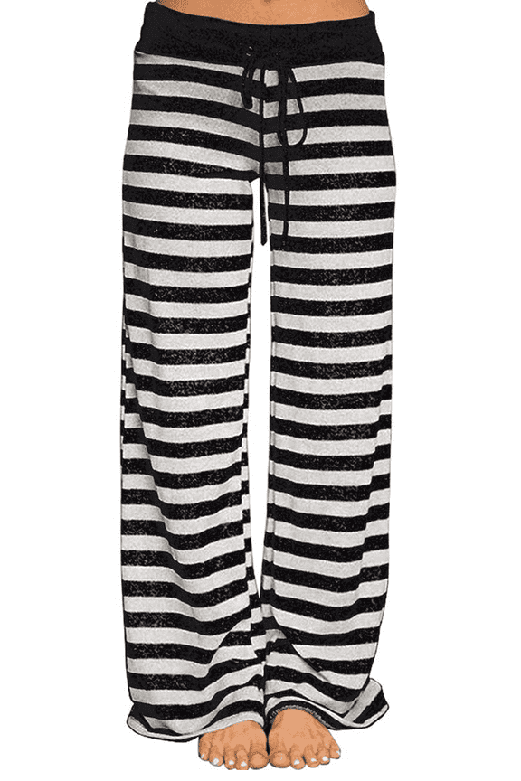 Wide Leg Pants for Women Striped Lounge Pants with Contrast Drawstring Palazzo Pants Loose Comfy Casual Bottoms Black