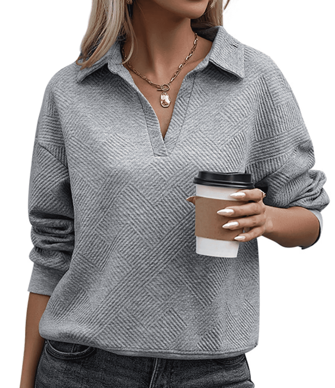 Spring Pullover SOMER Women's Pullover Lapel Collar V-Neck Long Sleeve Ribbed Knitted ...