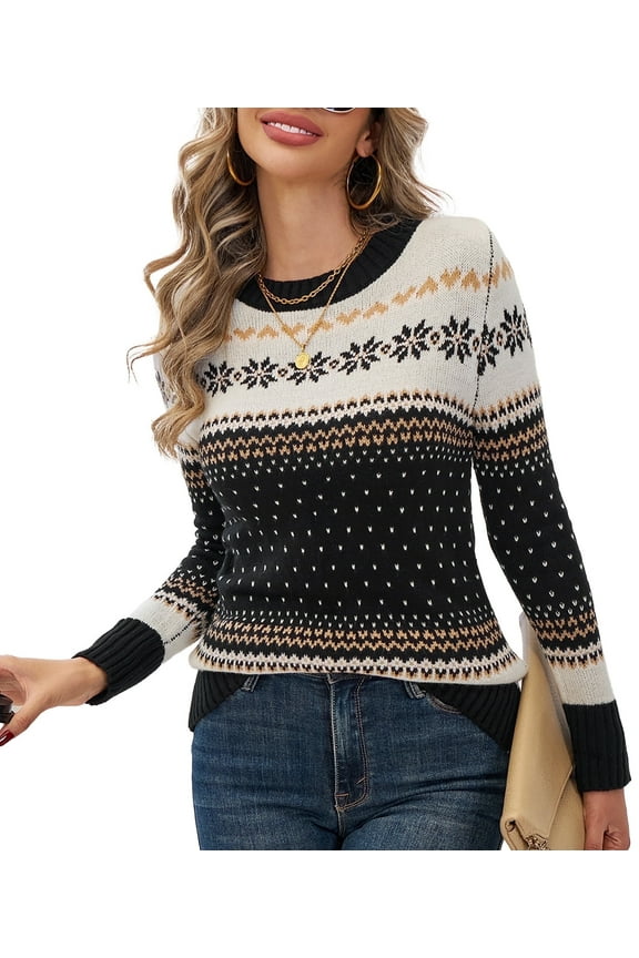 Christmas Sweaters for Women Casual Crewneck Long Sleeve Knit Winter Warm Printed Snowflake Holiday Patterned Jumper Pullover Tops