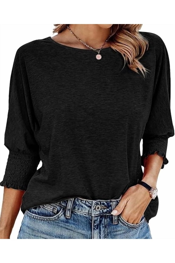 Blouses for Women Dressy Casual 3/4 Length Sleeve Womens Tops Trendy Basic with Smocked Cuffs Round Neck Fashion Cute Fall Womens Shirts 2025