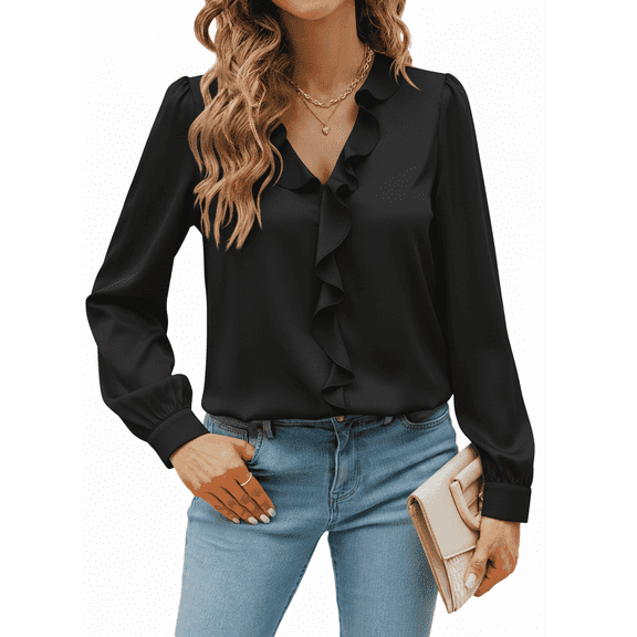 SOMER Long Sleeve Shirts for Womens Tops Ruffle V Neck Peplum Blouses for Women Dressy Casual Black Business Spring Elegant