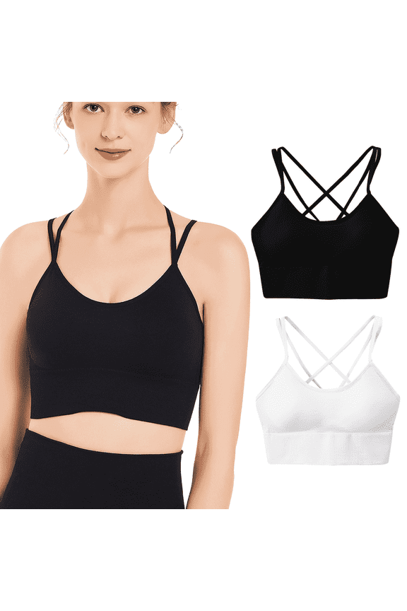 Sports Bras for Women 2 Pieces Padded Workout Wireless Padded Yoga Bra Tank Top Sexy Crisscross Back High Impact Longline Workout Bra Black+White