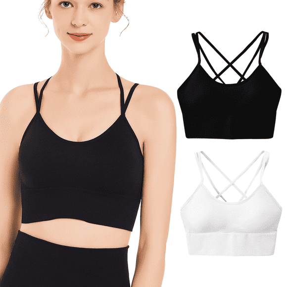 Sports Bras for Women 2 Pieces Padded Workout Wireless Padded Yoga Bra Tank Top Sexy Crisscross Back High Impact Longline Workout Bra Black+White