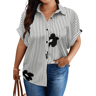 SOMER Plus Size Tops For Women Short Sleeve Button Down Shirt Casual Vertical Stripe Blouse