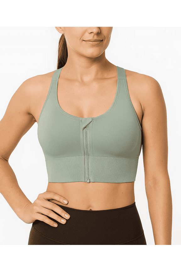 Women's Sports Bras Front Zip High Support Wireless Padded Strappy Athletic Yoga Workout Bra Green