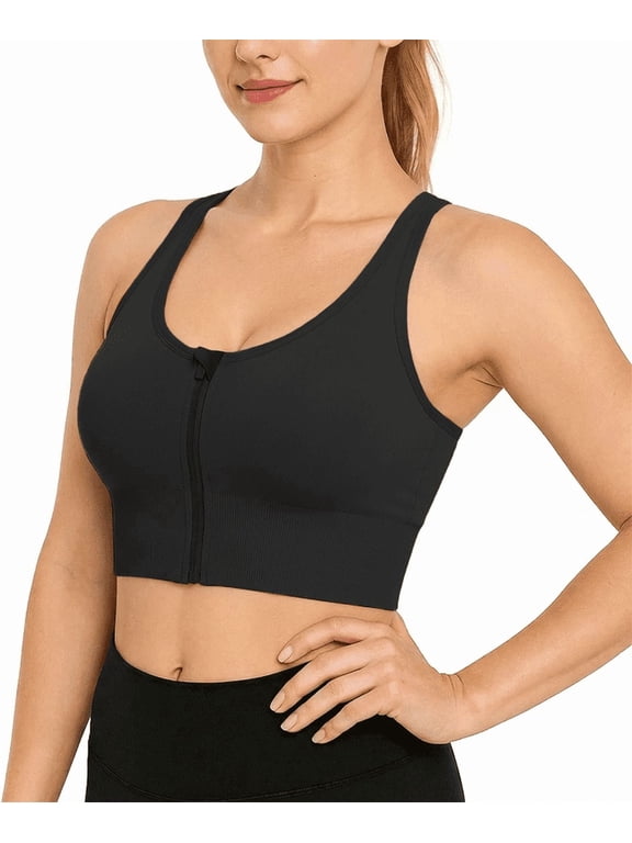 Sports Bras Front Zip High Support Wireless Padded Strappy Athletic Yoga Workout Bra for Petite Women & Big Girl Black