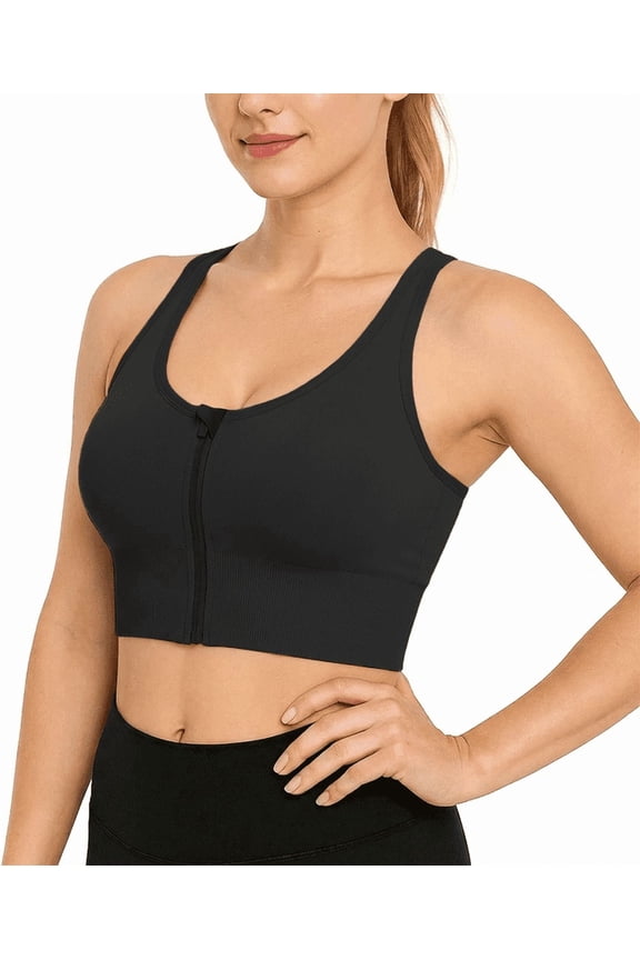 Sports Bras Front Zip High Support Wireless Padded Strappy Athletic Yoga Workout Bra for Petite Women & Big Girl Black