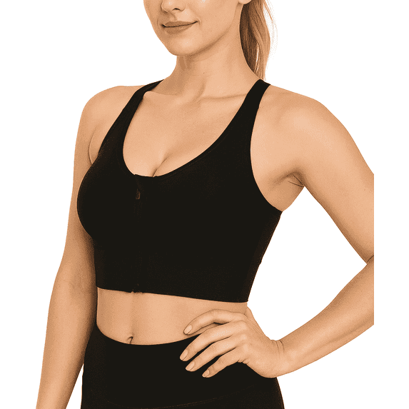 SOMER Sports Bras Front Zip High Support Wireless Padded Strappy Athletic Yoga Workout Bra for Petite Women & Big Girl Black