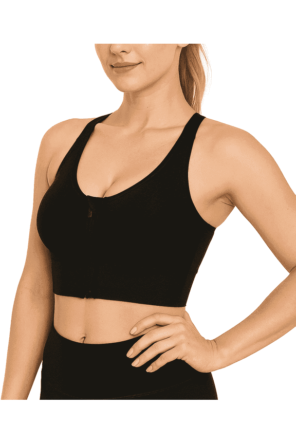 Sports Bras Front Zip High Support Wireless Padded Strappy Athletic Yoga Workout Bra for Petite Women & Big Girl Black