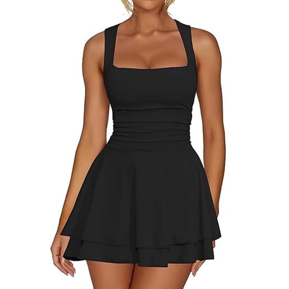 SOMER Cocktail Dresses for Women Wedding Guest Bodycon Sexy Dresses Square Neck Ruffle Party Club Tennis Mini Dress Ruched Corset Black