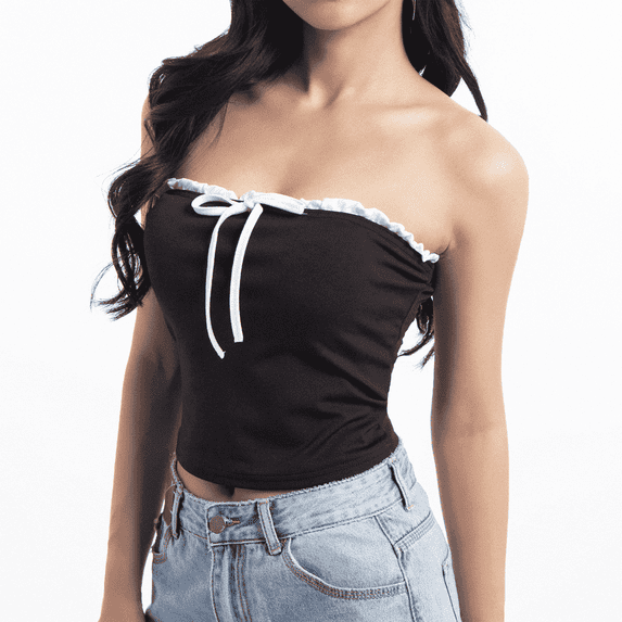 SOMER Strapless Tops for Women, Tube Top Ruffle Trim Bow Tie Bandeau Sleeveless Slim Fit Crop Top for Casual Party Clubwear Valentine's Day