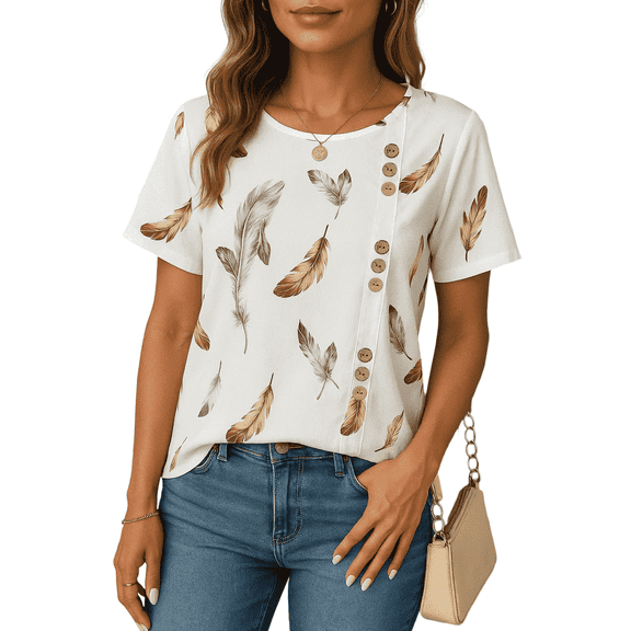 SOMER Women's Feather Print Blouse Casual Short Sleeve Crewneck Loose Fit Summer Tops for Vacation and Going Out, White