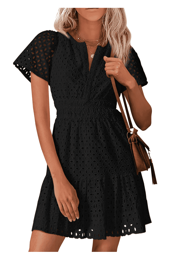 Women’s Summer Dress V Neck Short Sleeve A-Line Mini Dress Hollow Out Lace Ruffle Boho Casual Beach Party 2026 Fall Black L
