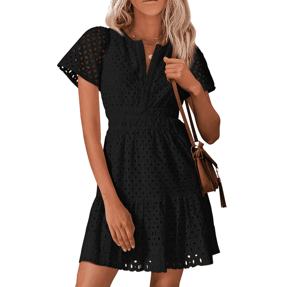 SOMER Women’s Summer Dress V Neck Short Sleeve A-Line Mini Dress Hollow Out Lace Ruffle Boho Casual Beach Party 2026 Fall Black XL