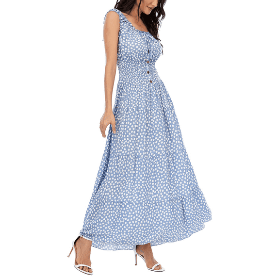 SOMER Women's Summer Boho Dresses Dot Floral Print Tiered Casual Flowy Beach Sundresses Long Maxi Dress Blue