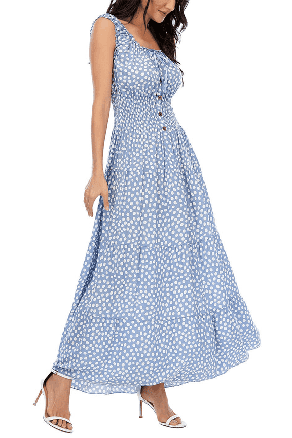 Women's Summer Boho Dresses Dot Floral Print Tiered Casual Flowy Beach Sundresses Long Maxi Dress Blue