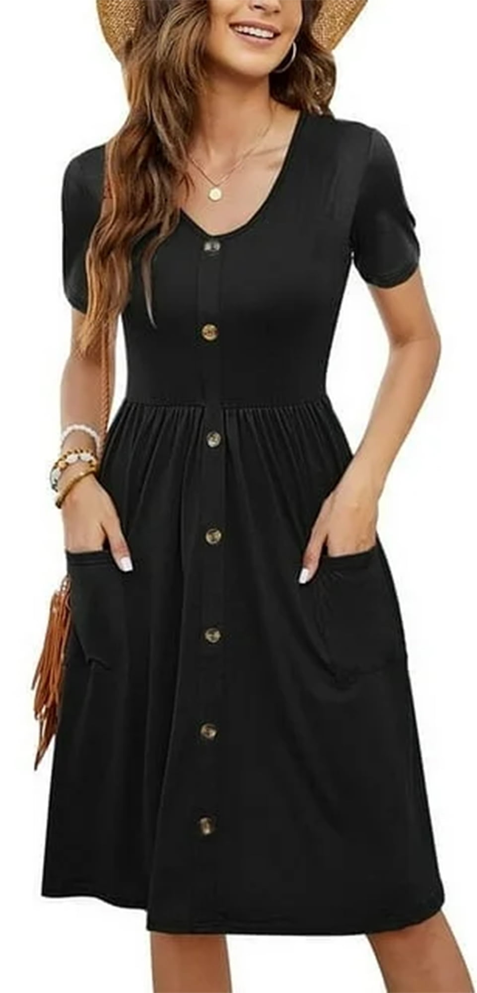 Women's Summer Dresses Casual Short Sleeve Dresses Loose Button Elastic Waist Dress with Pockets